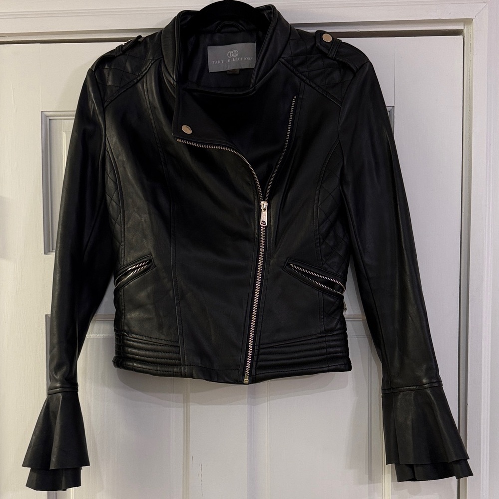 Tart Collection Black Leather Jacket with Quilted Accents and bell sleeves